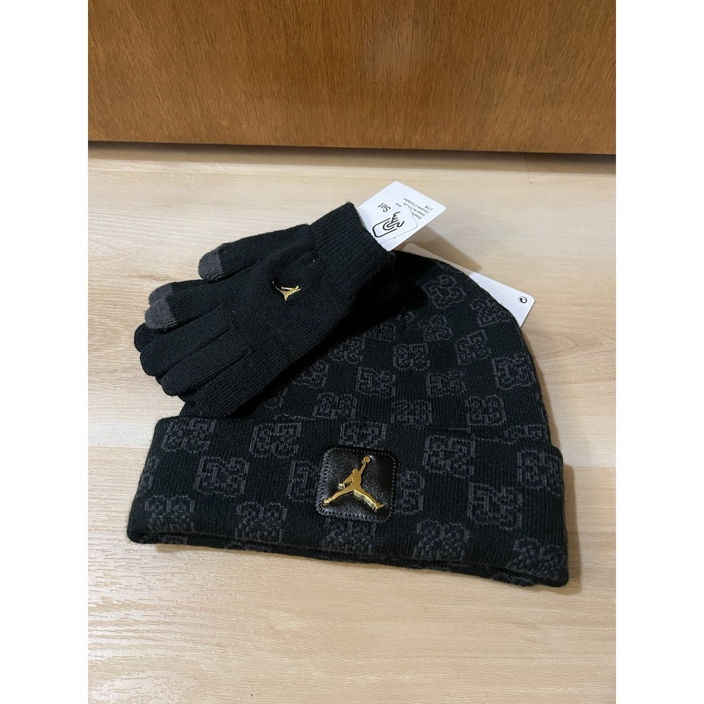 Jordan Black & Gray Kids Beanie Hat and Touchscreen Gloves Set